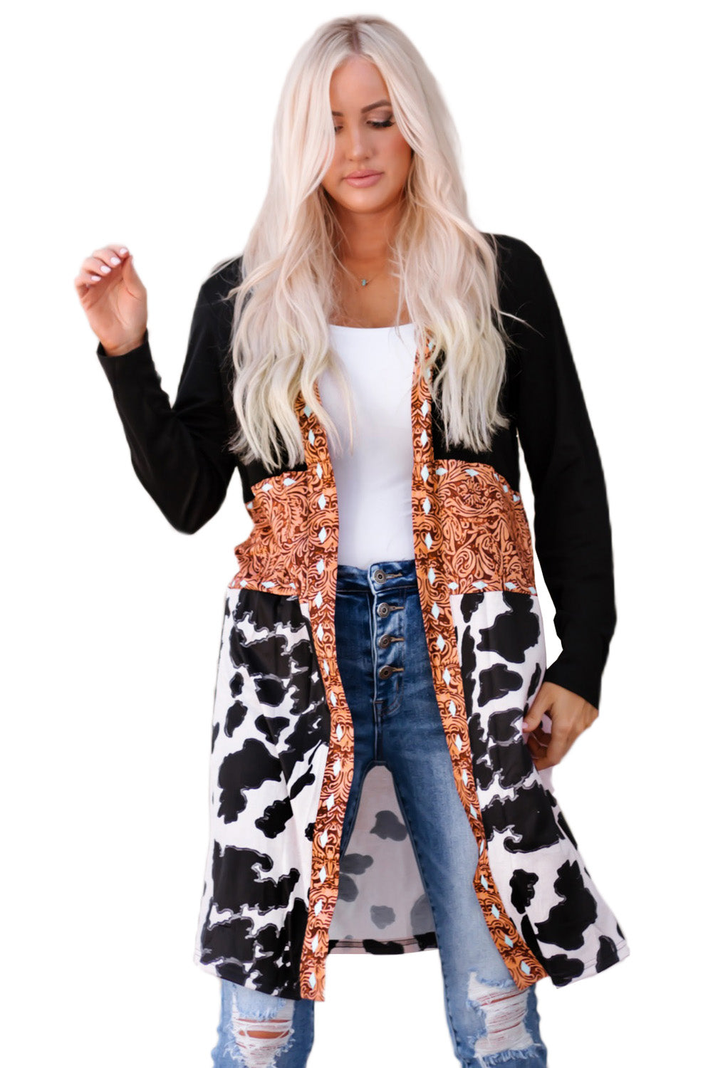 Women's Black Western Pattern Cow Patchwork Open Front Cardigan Knitwear Aztec Jumper Coat at LivelyLooks