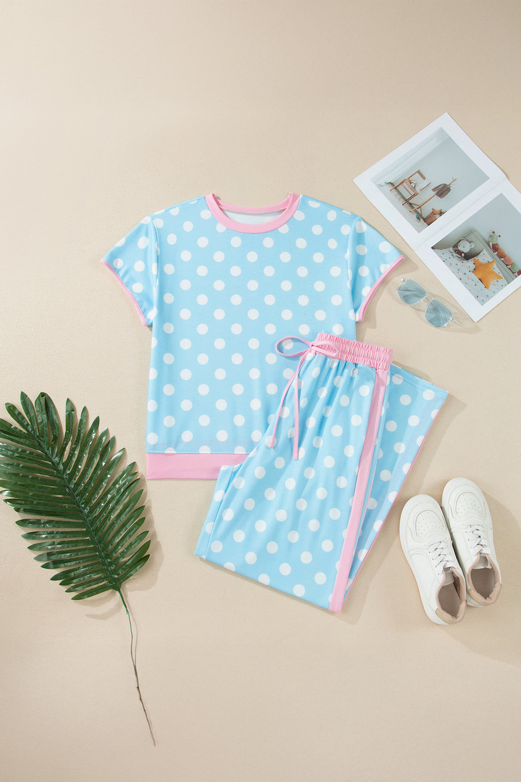 Sky Blue Polka Dot Short Sleeve Top & Wide Leg Trouser Set