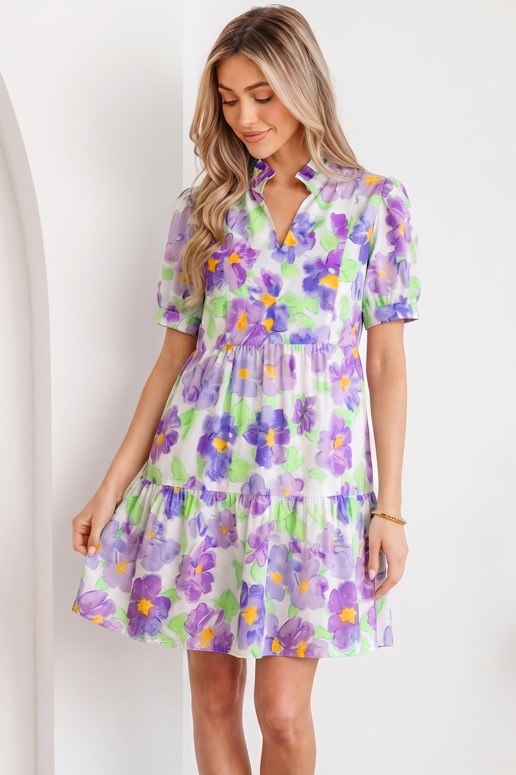 Purple Floral V Collar Short Sleeve Tiered Ruffle Mini Dress S-XL