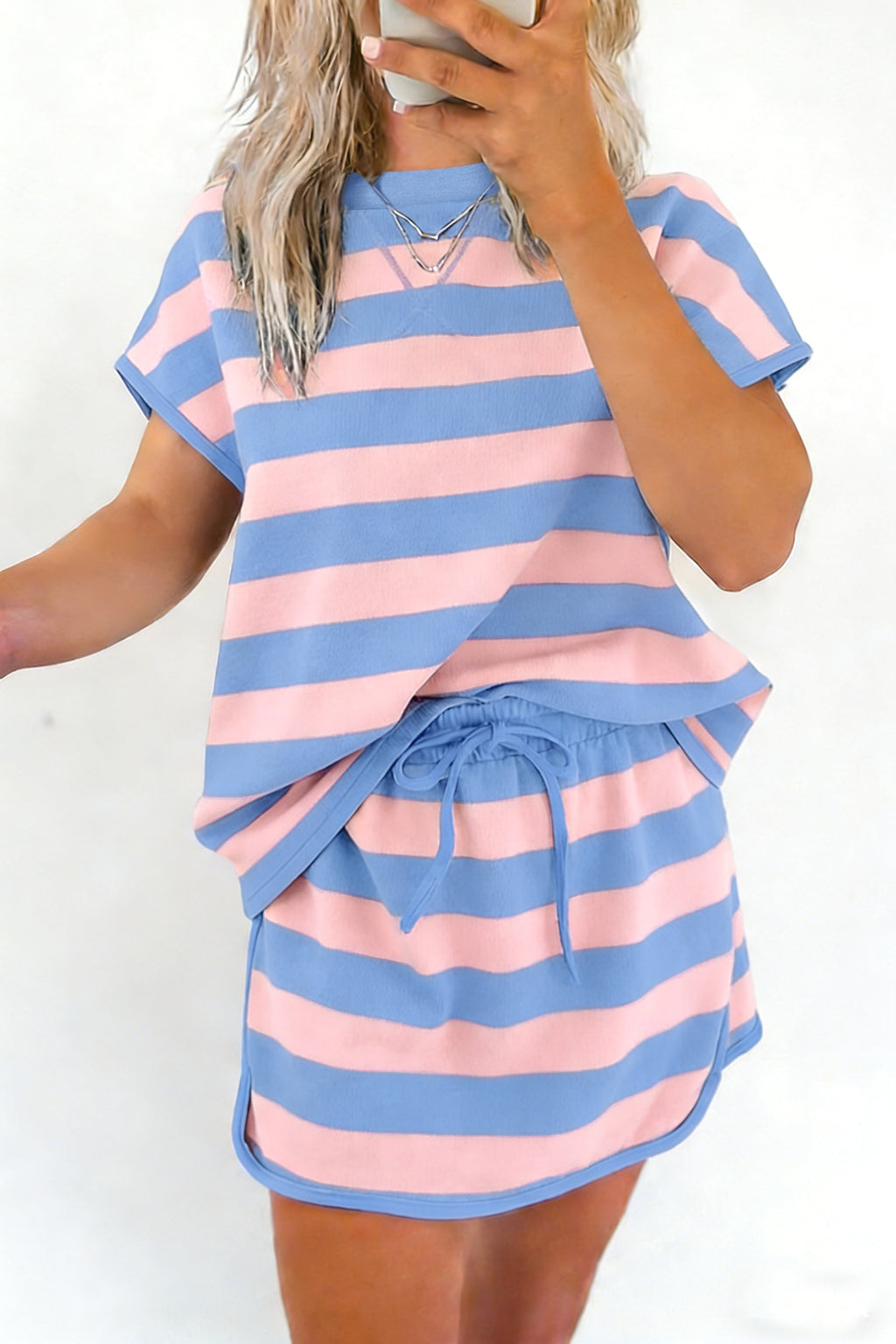 Striped Dolman Tee & Drawstring Skort Set – Pink, Rose & Yellow