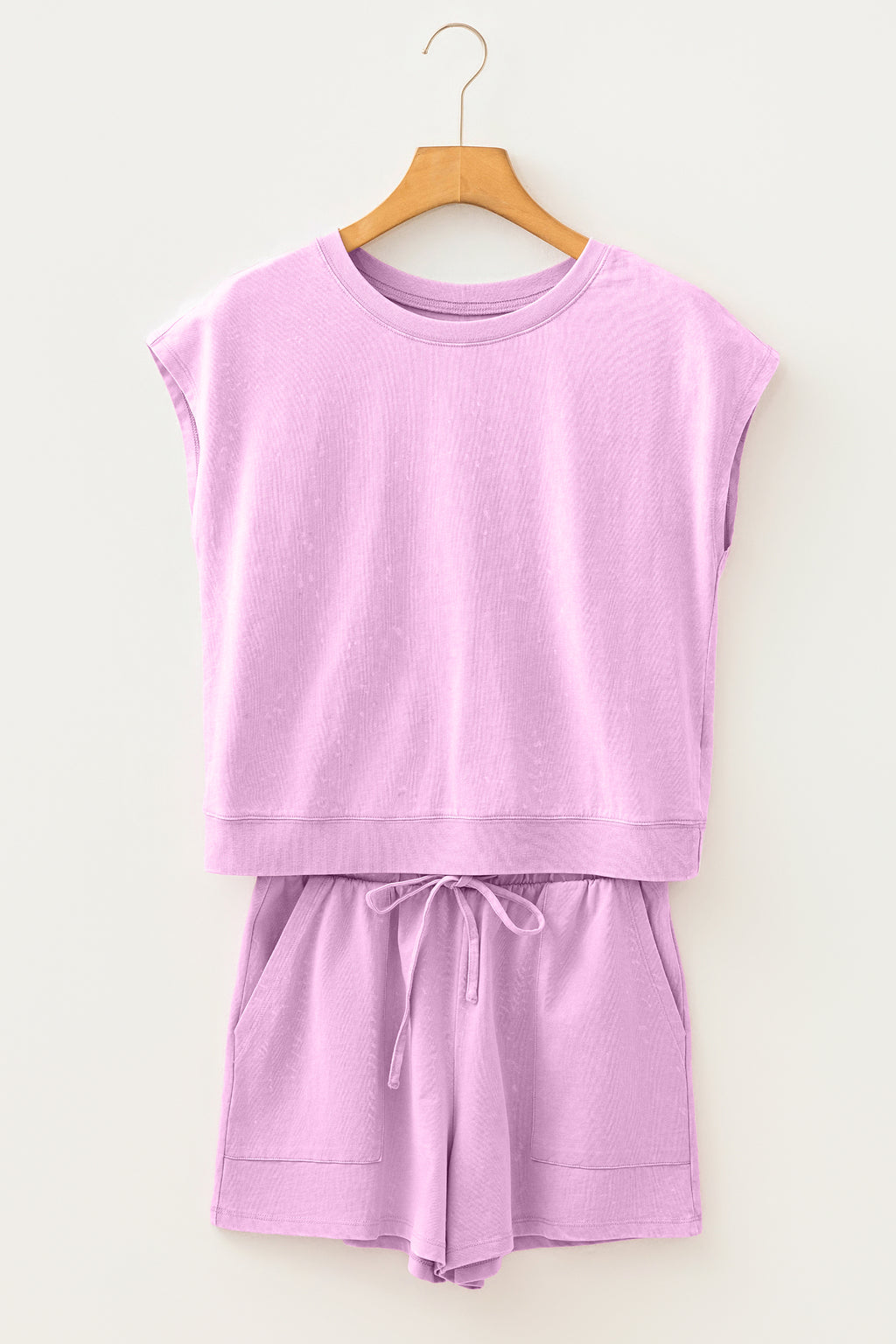 Women's Mineral Wash Cotton Crew Neck Tee & Shorts Set Pink S-XL
