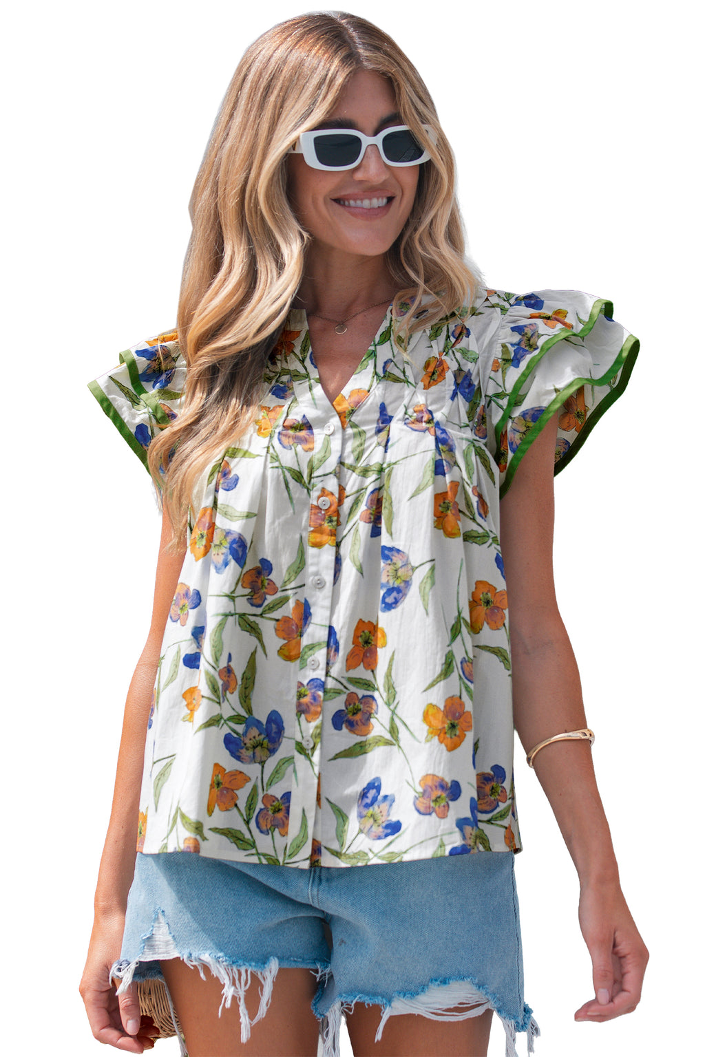 Women's Green Floral Ruffle V-Neck Pressed Pleats Cotton Blouse at LivelyLooks