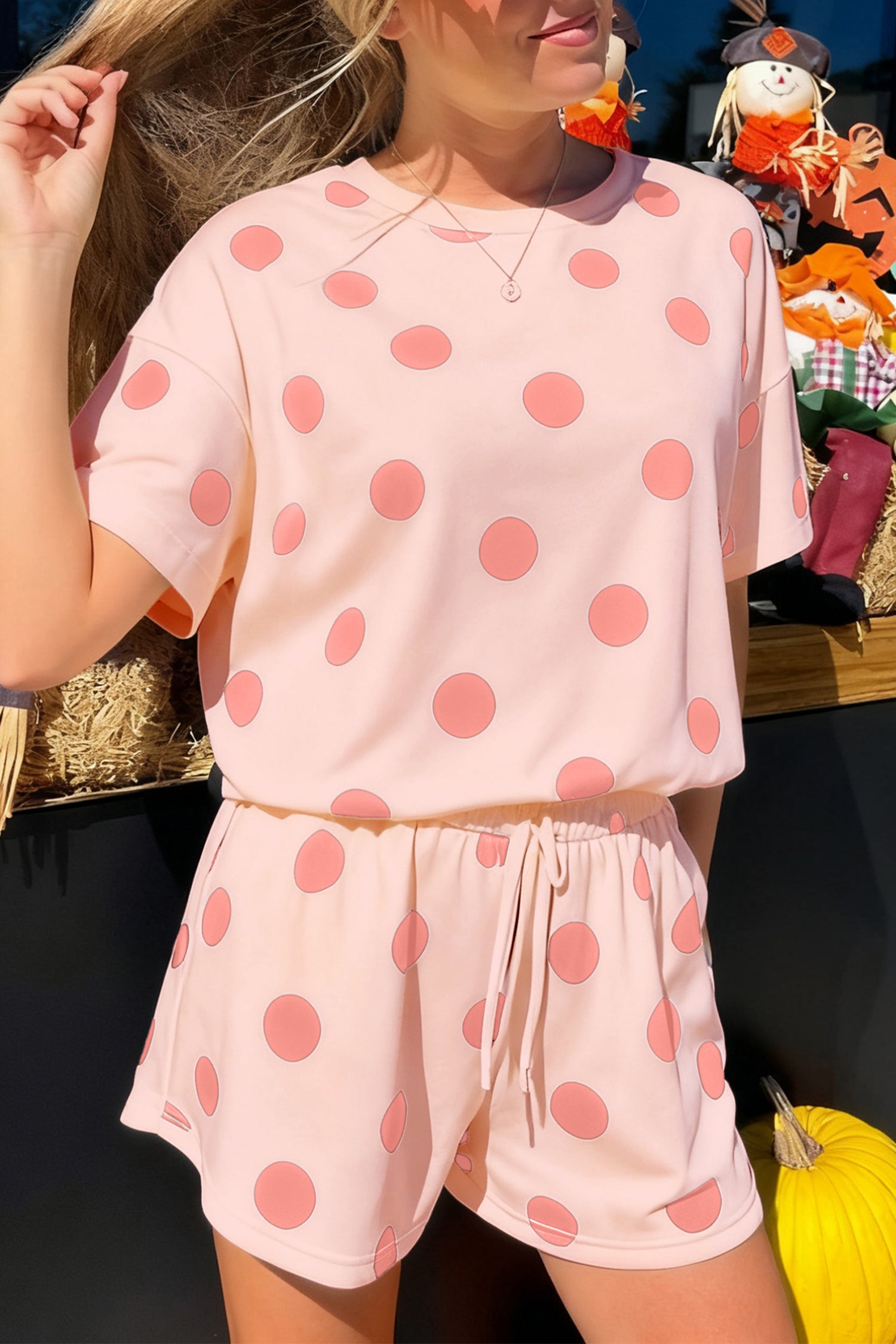 Polka Dot Print Tee & Shorts Co-ord Set | Pink, Black & Sky Blue
