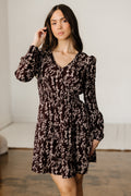 Brown Ditsy Floral Mini Dress Split Neck Long Sleeve Shirred Waist Flared Women S-XL