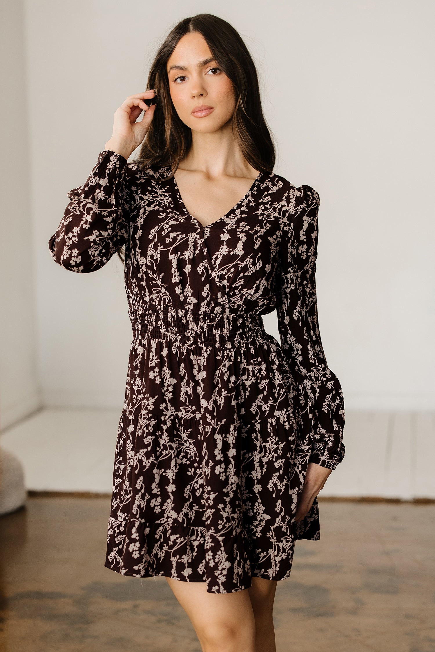 Brown Ditsy Floral Mini Dress Split Neck Long Sleeve Shirred Waist Flared Women S-XL