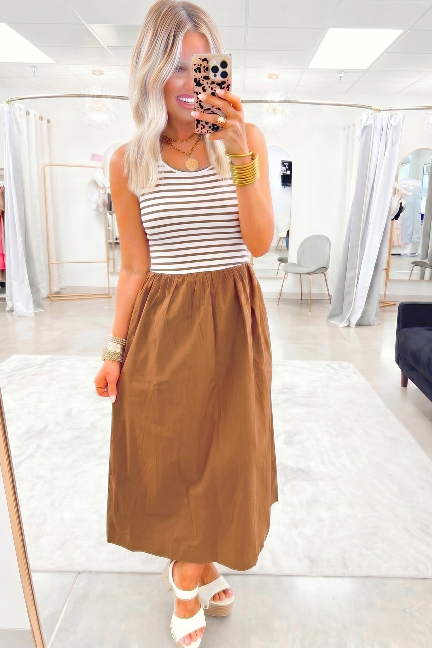 Chestnut Striped Colourblock Patchwork Sleeveless Casual Long Dress | UK 8–16