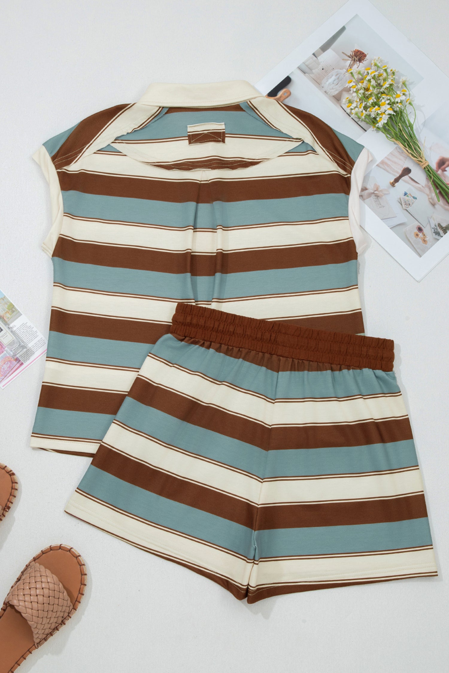 White Stripe Polo Collar Tee & Drawstring Shorts Co-ord Set
