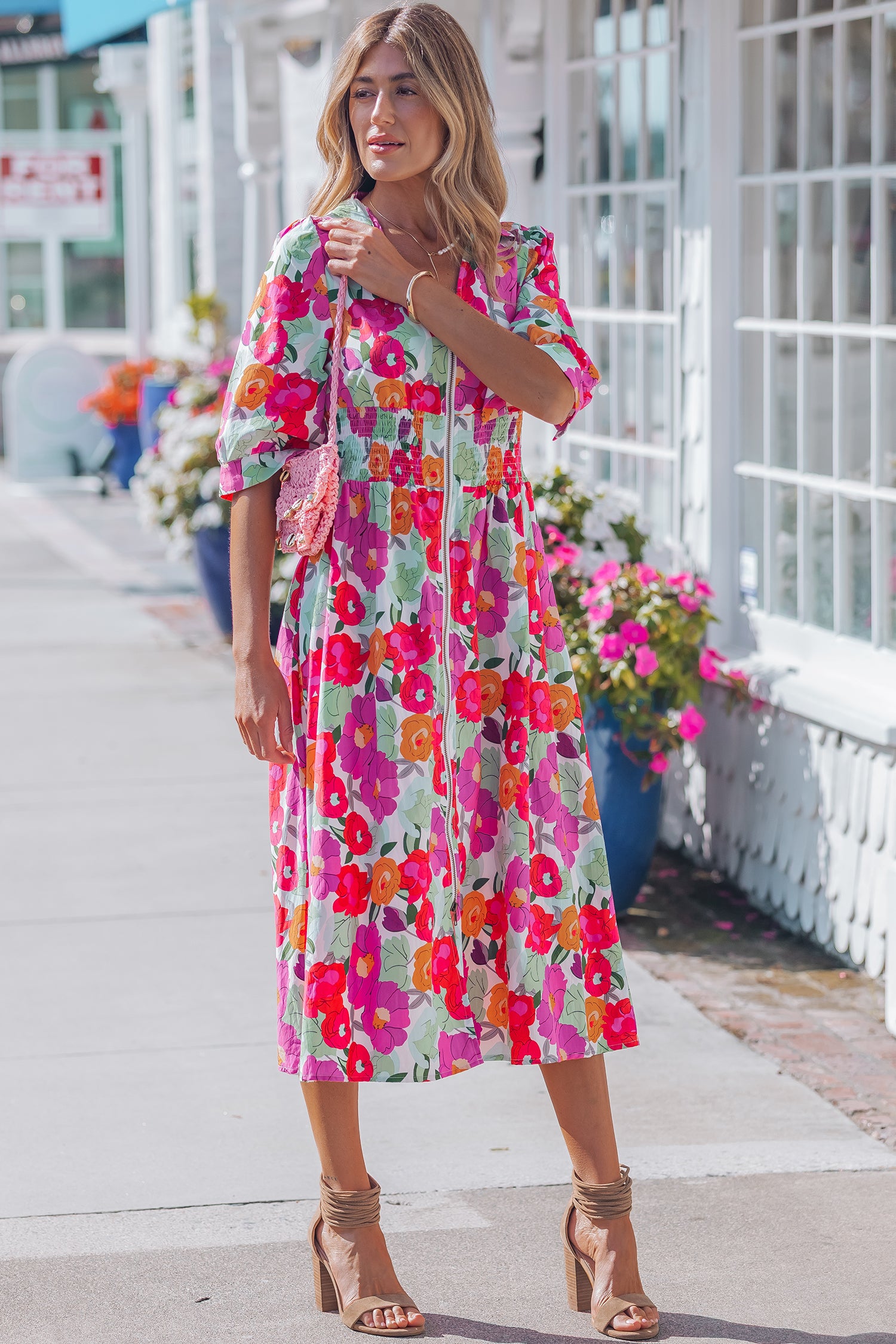 Rose Floral Print Zip Front Shirred Waist Flared Half Sleeve Midi Dress S-XL