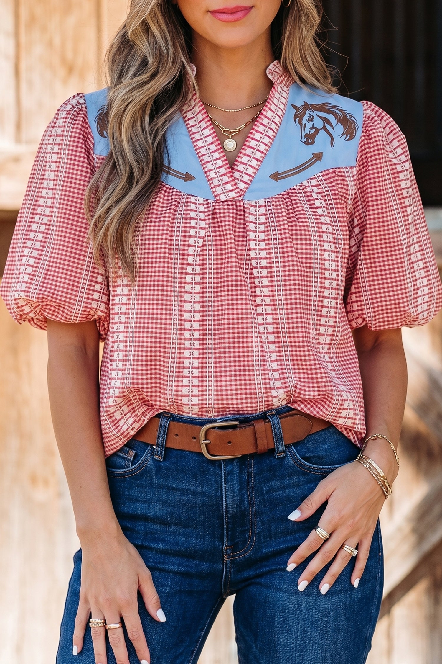 Women's Red Brown Western Gingham Blouse Pony Embroidered Puff Sleeve S-XL at LivelyLooks