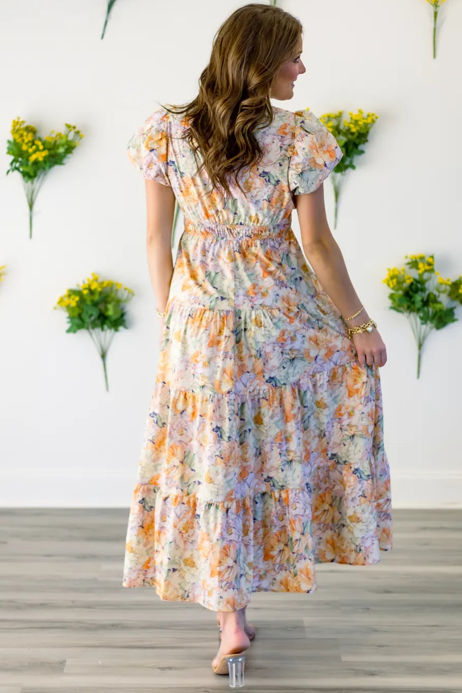 Shop Floral Bubble Sleeve V-Neck Flared Maxi Dress | Orange | S-XL at LivelyLooks