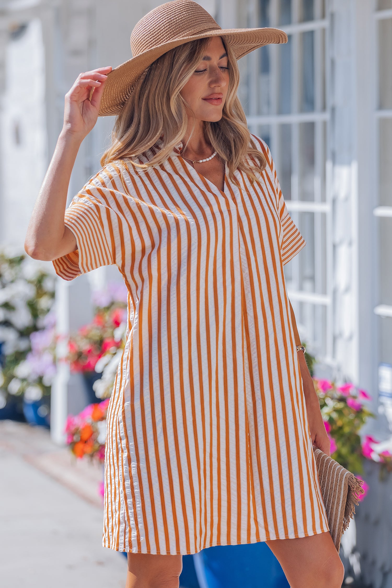 Stripe Pinched V-Neck Shift Mini Dress | Brown Stripe