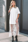 Women's Floral Lace Patchwork Short Sleeve Maxi T-Shirt Dress | White & Red Sandalwood at LivelyLooks