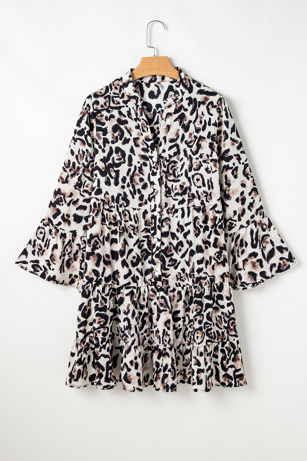 Women's Rose Leopard Print Buttoned Front 3/4 Sleeve Tiered Ruffle Hem Dress at LivelyLooks