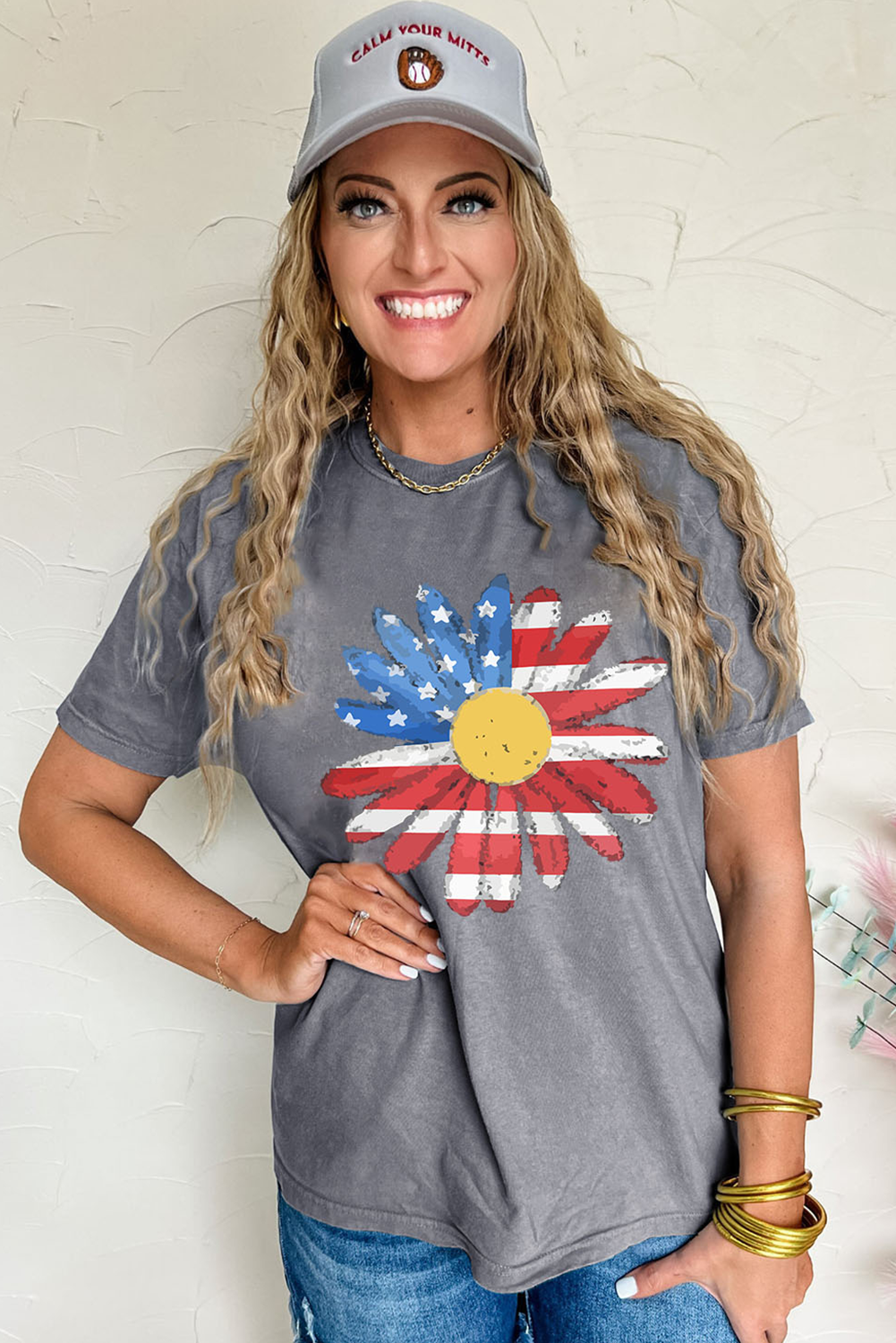 Shop Gray Flag Pattern Sunflower Graphic Crew Neck Tee S-3XL at LivelyLooks