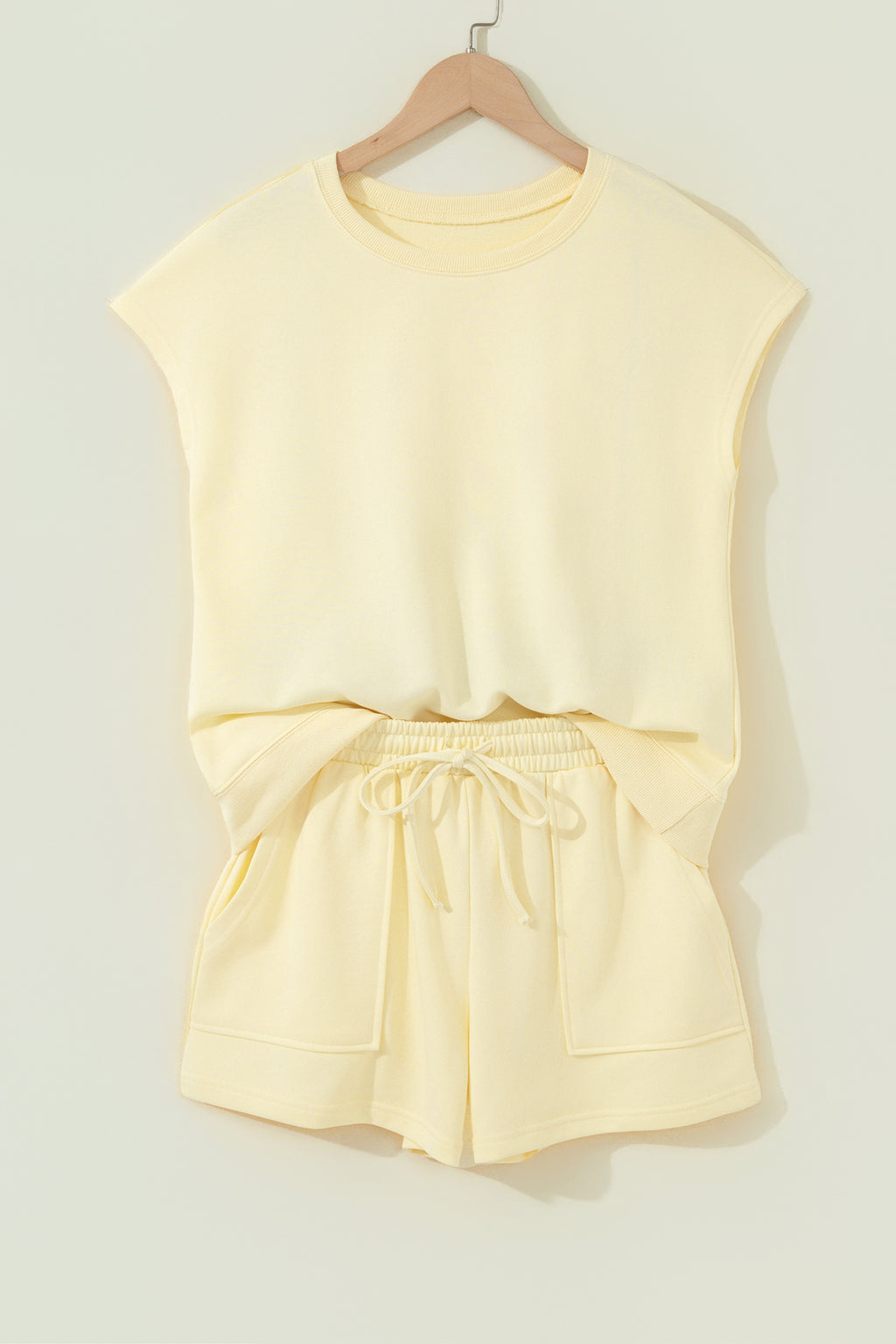 Yellow Cream Solid Tee & Drawstring Shorts Comfy 2-Piece Set