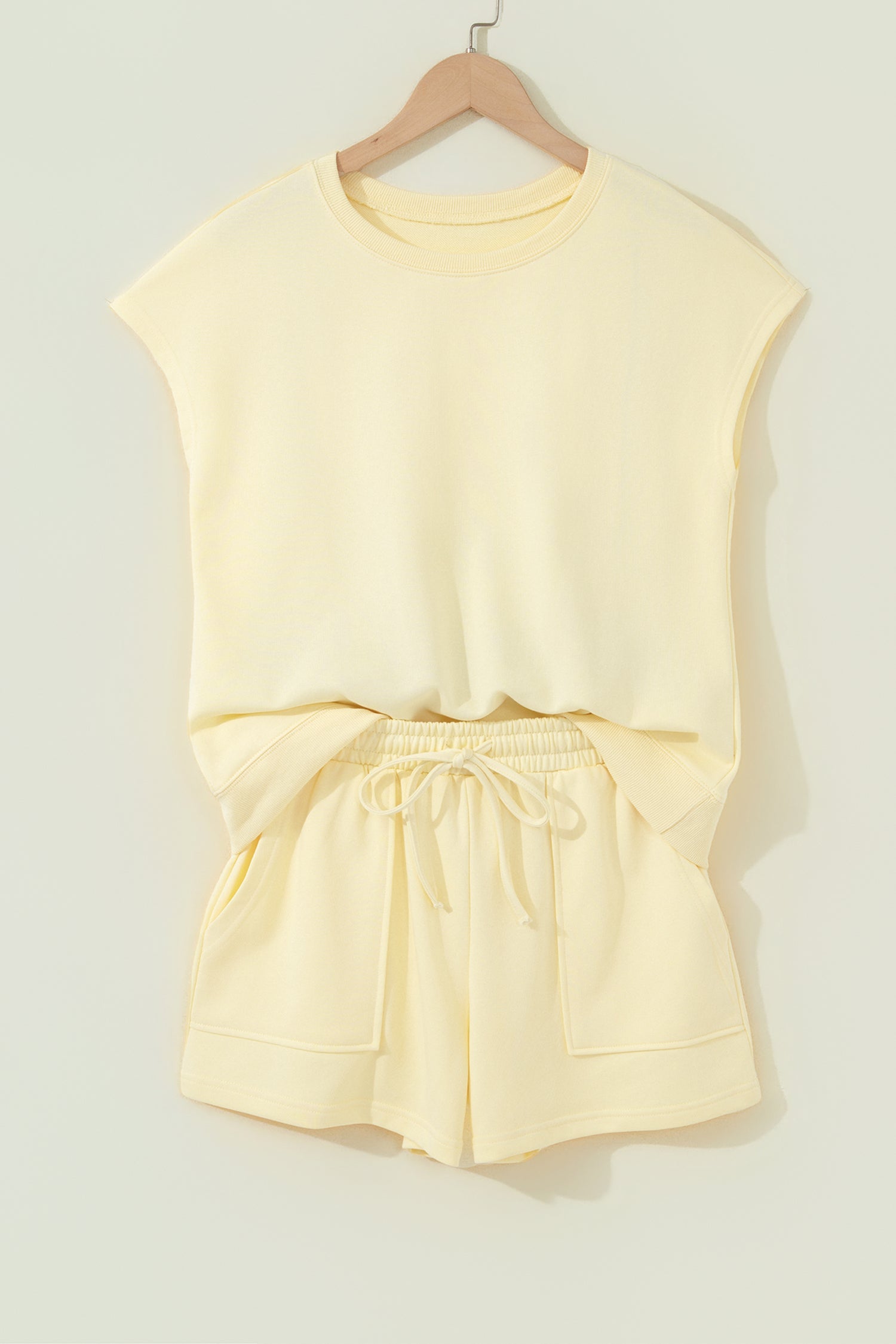 Yellow Cream Solid Tee & Drawstring Shorts Comfy 2-Piece Set
