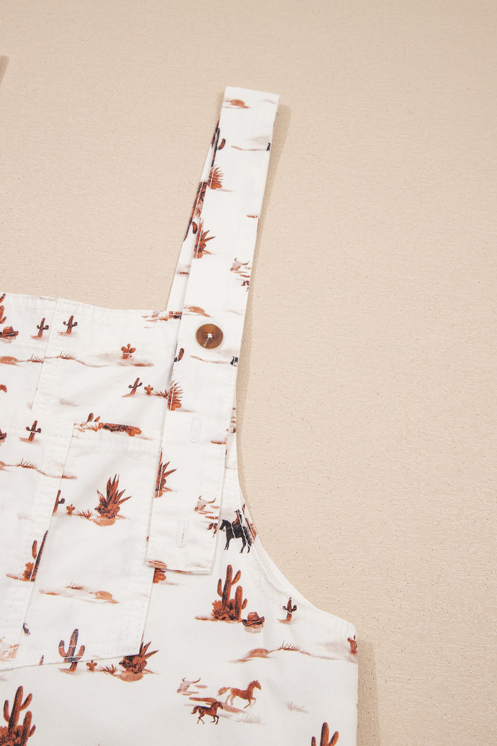 Beige Western Print Adjustable Strap Loose Dungaree Jumpsuit