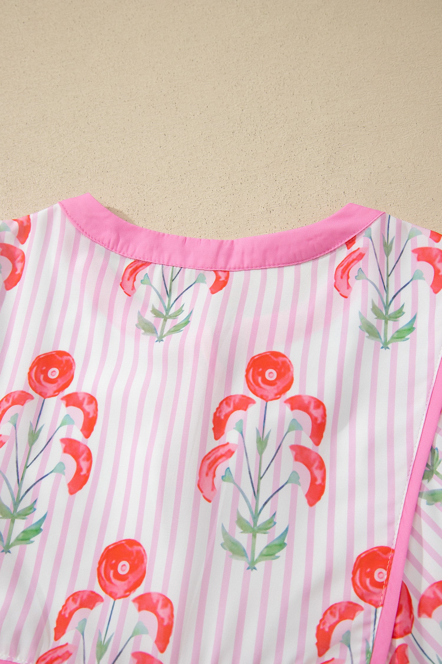Pink & Sky Blue Floral Stripe Tie Notched Neck Puff Sleeve Mini Dress S-XL