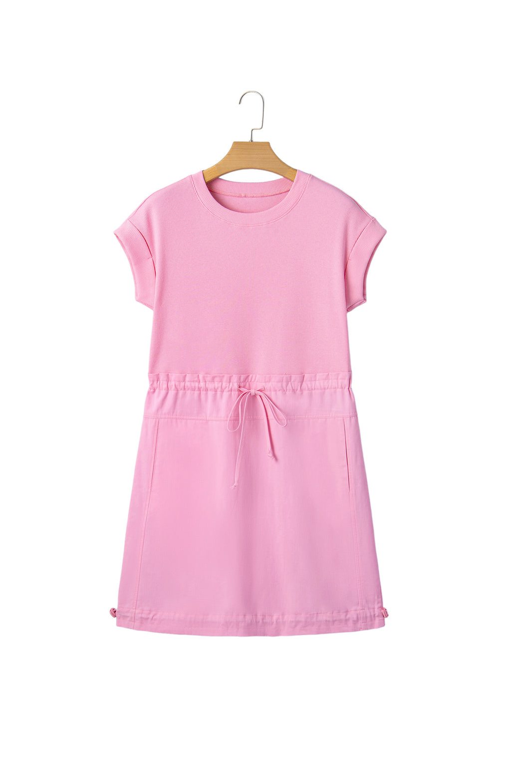 LivelyLooks Pink Cuffed Short Sleeve Patchwork Drawstring Mini Dress S-XL women's fashion