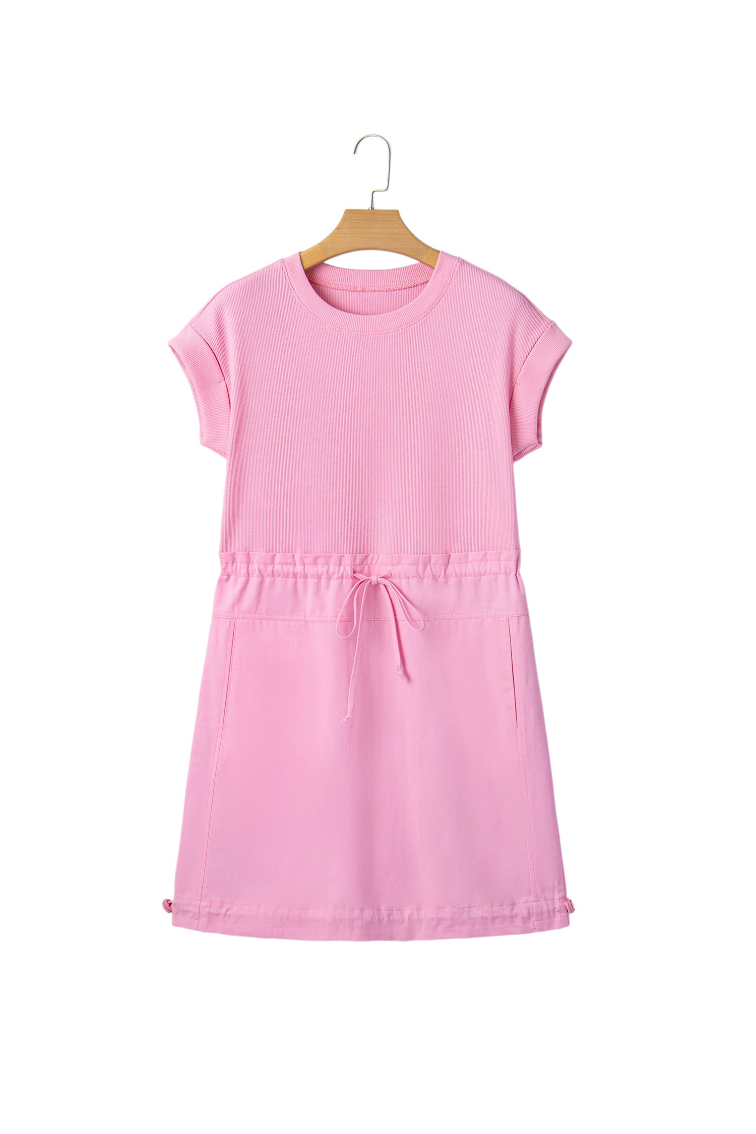 LivelyLooks Pink Cuffed Short Sleeve Patchwork Drawstring Mini Dress S-XL women's fashion