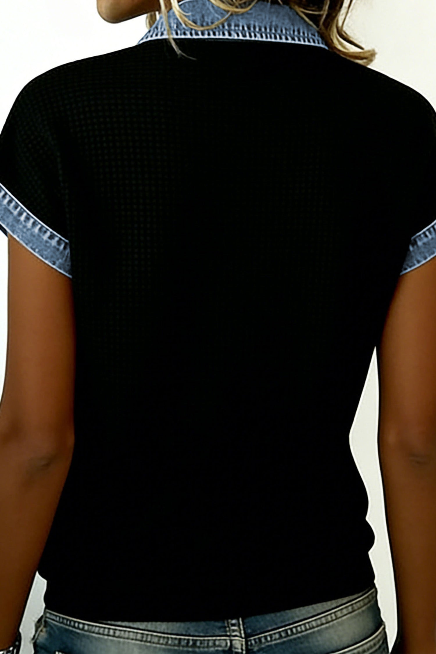 Black Textured Knit Denim Colour Block Patchwork Button Down Shirt