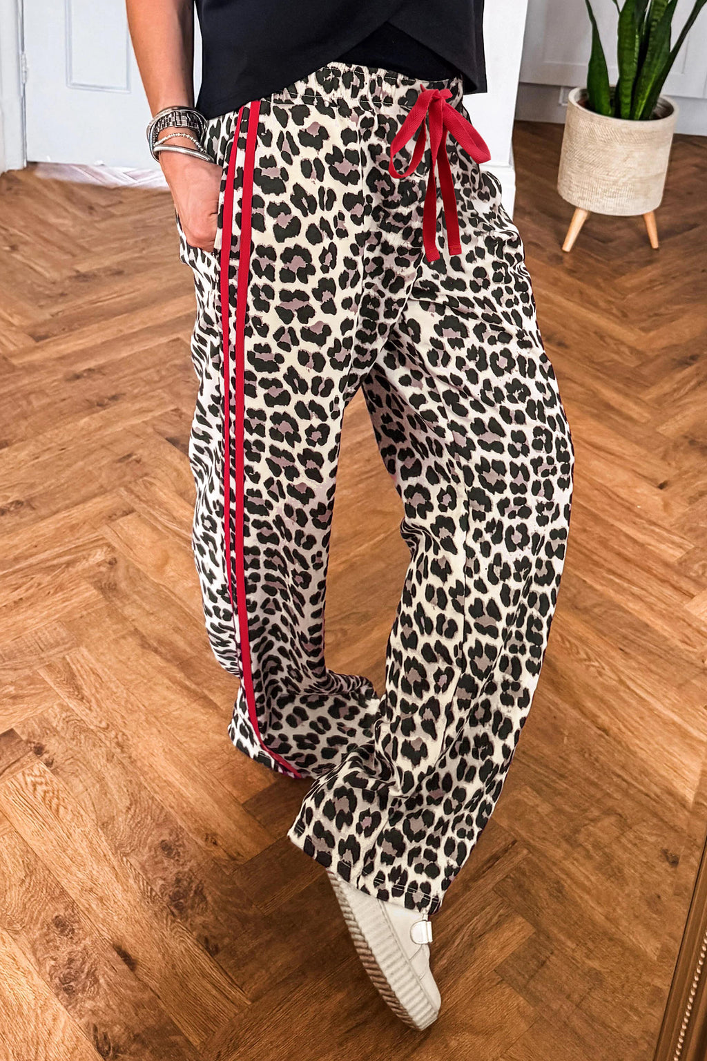 Leopard Print Side Stripe Wide Leg Trousers – Red & Rose