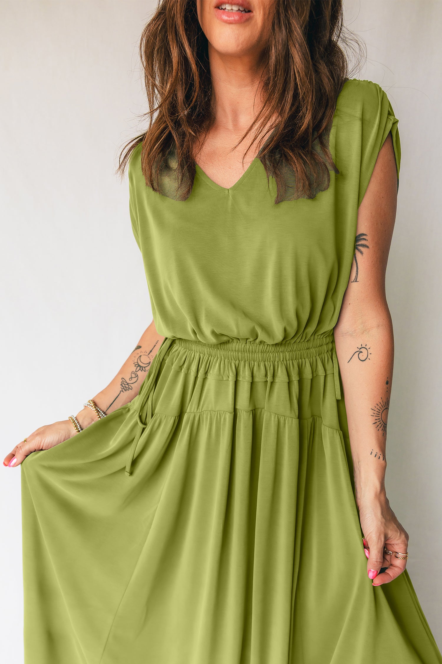 Fern Green V Neck Cap Sleeve Elastic Waist Tunic Maxi Dress S-XL