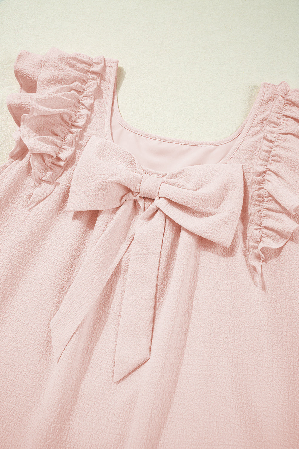 Light Pink Textured Flutter Sleeve Square Neck Bow Back Mini Dress S-XL
