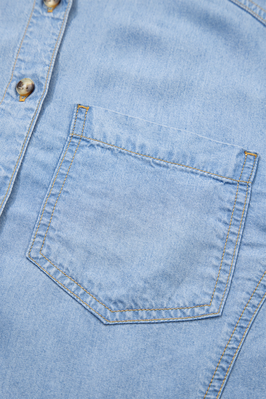 Women's Beau Blue Half Sleeve Button Down Ruffled High Low Chambray Shirt at LivelyLooks