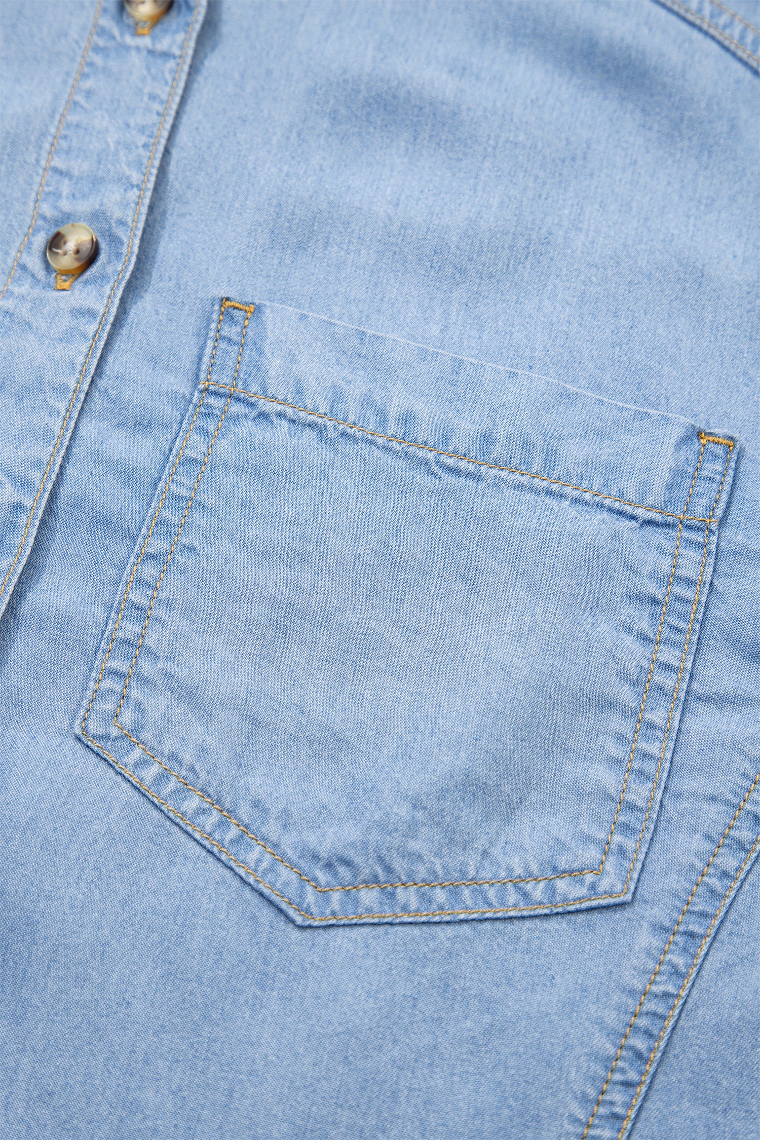 Women's Beau Blue Half Sleeve Button Down Ruffled High Low Chambray Shirt at LivelyLooks