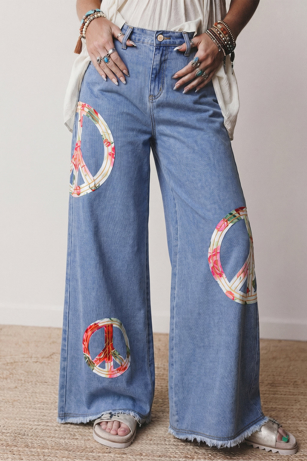 Women's Blue Floral Peace Sign Embroidered Patch Wide Leg Jeans | Boho Denim | UK 4-14 at LivelyLooks