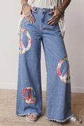 Women's Blue Floral Peace Sign Embroidered Patch Wide Leg Jeans | Boho Denim | UK 4-14 at LivelyLooks