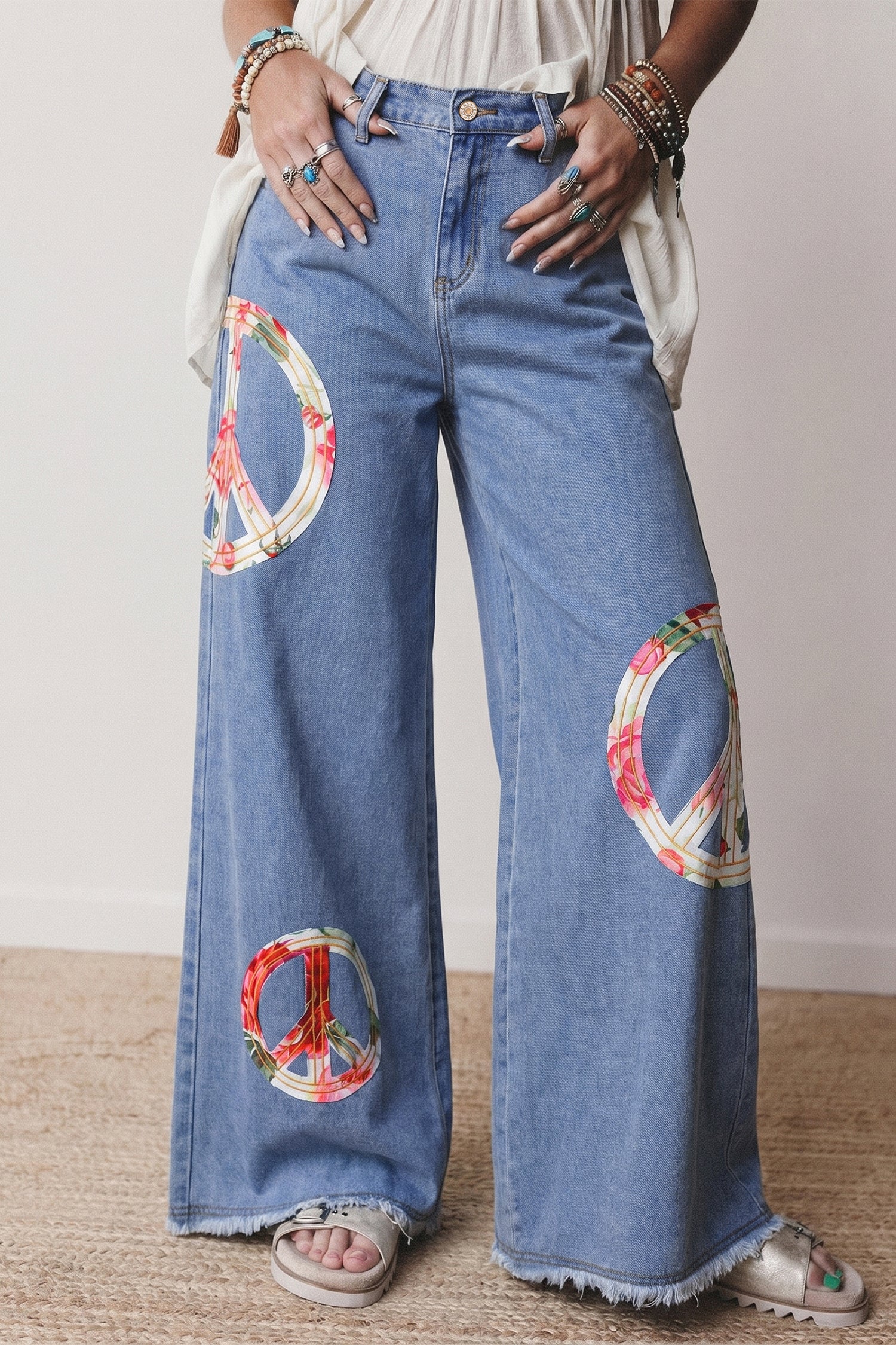 Women's Blue Floral Peace Sign Embroidered Patch Wide Leg Jeans | Boho Denim | UK 4-14 at LivelyLooks