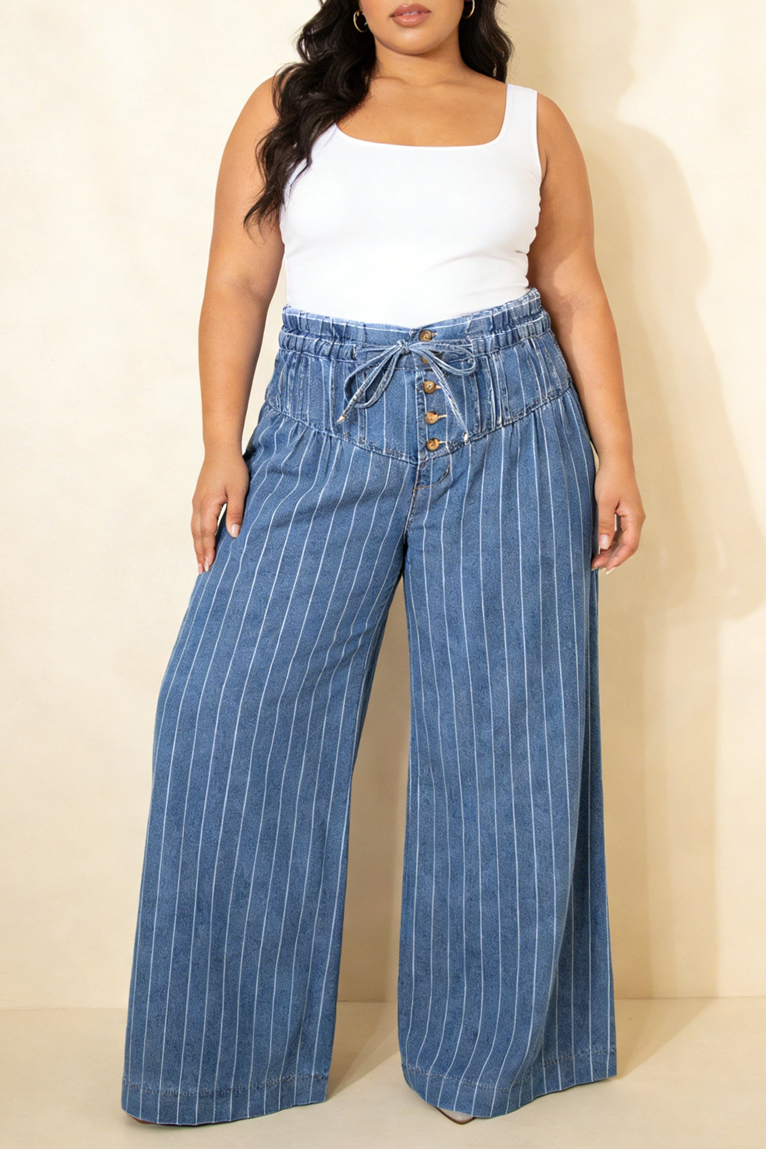 Sky Blue Stripe Plus Size Wide Leg Denim Trousers Button Front Drawstring 1X-4X