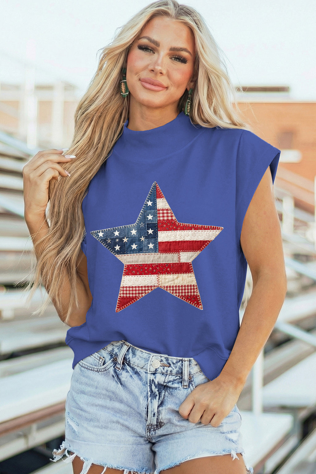 Women's Sky Blue Faux Patchwork Patriotic Star Printed High Neck Top at LivelyLooks