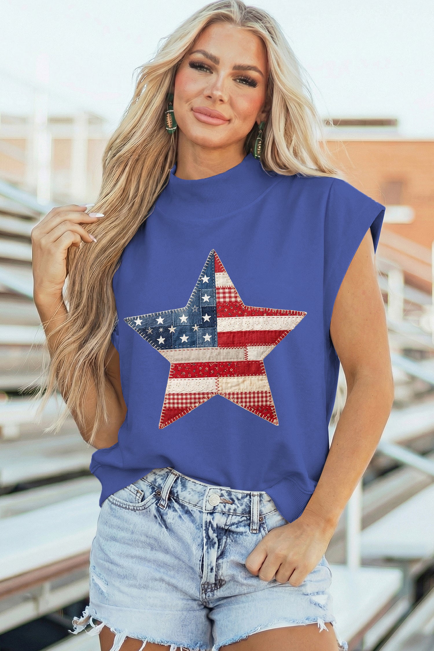 Women's Sky Blue Faux Patchwork Patriotic Star Printed High Neck Top at LivelyLooks