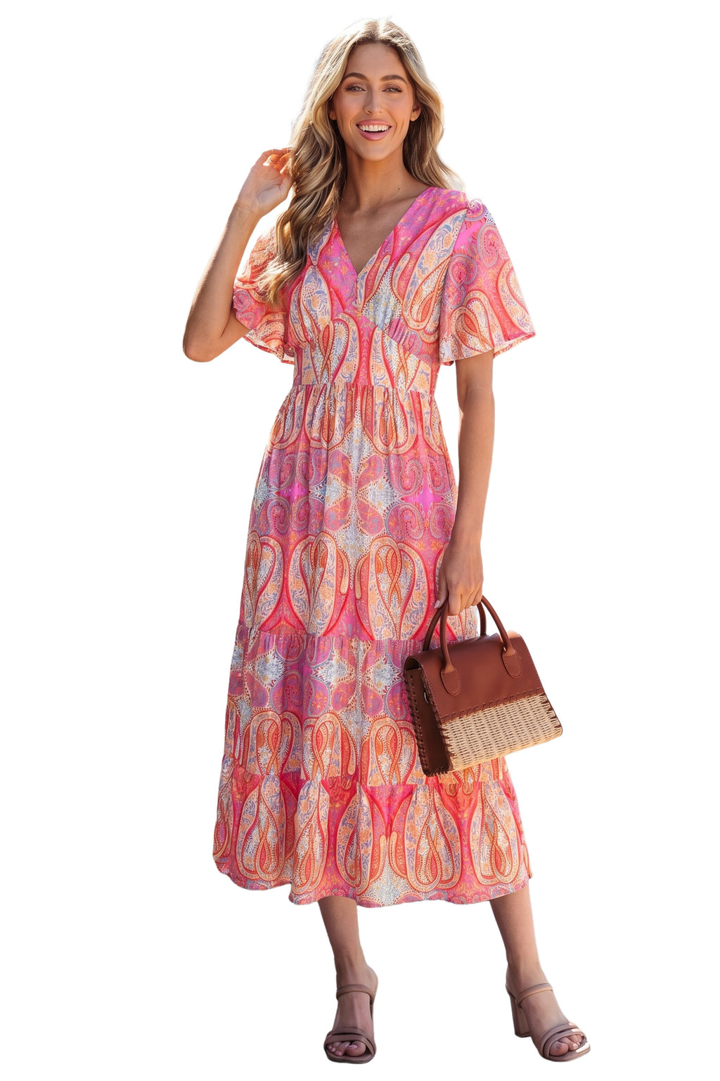 Multicolour Paisley Print V-Neck Flutter Sleeve Boho Maxi Dress