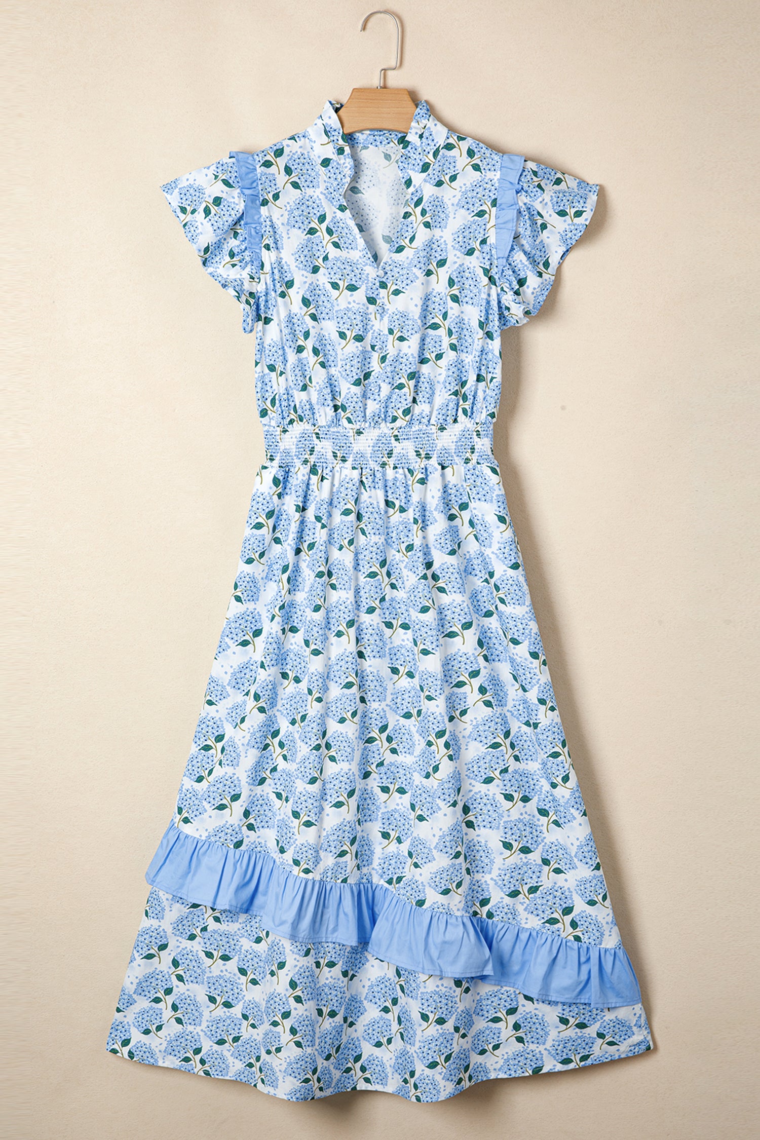 Shop Sky Blue Hydrangea Floral Ruffle Trim Flutter Sleeve Maxi Dress at LivelyLooks