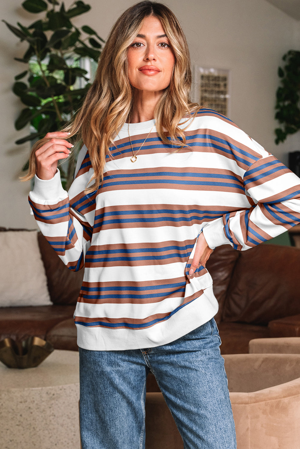 Khaki & Brown Stripe Crew Neck Drop Shoulder Pullover Sweatshirt