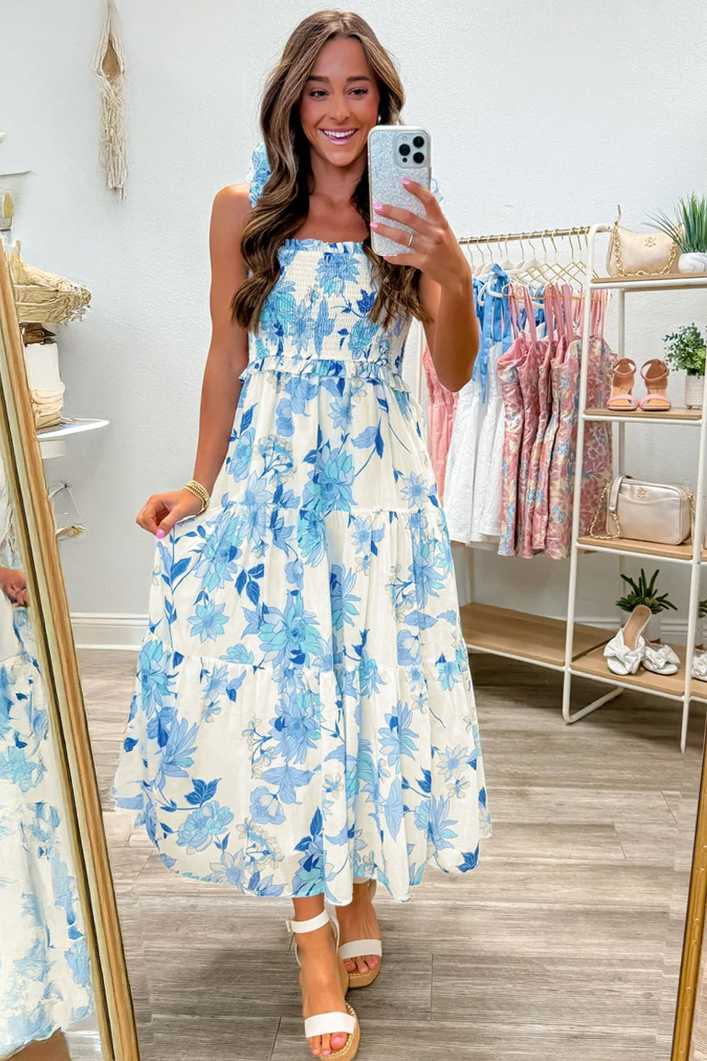 Women's Sky Blue Floral Smocked Maxi Dress Ruffled Straps High Waist S-XL at LivelyLooks
