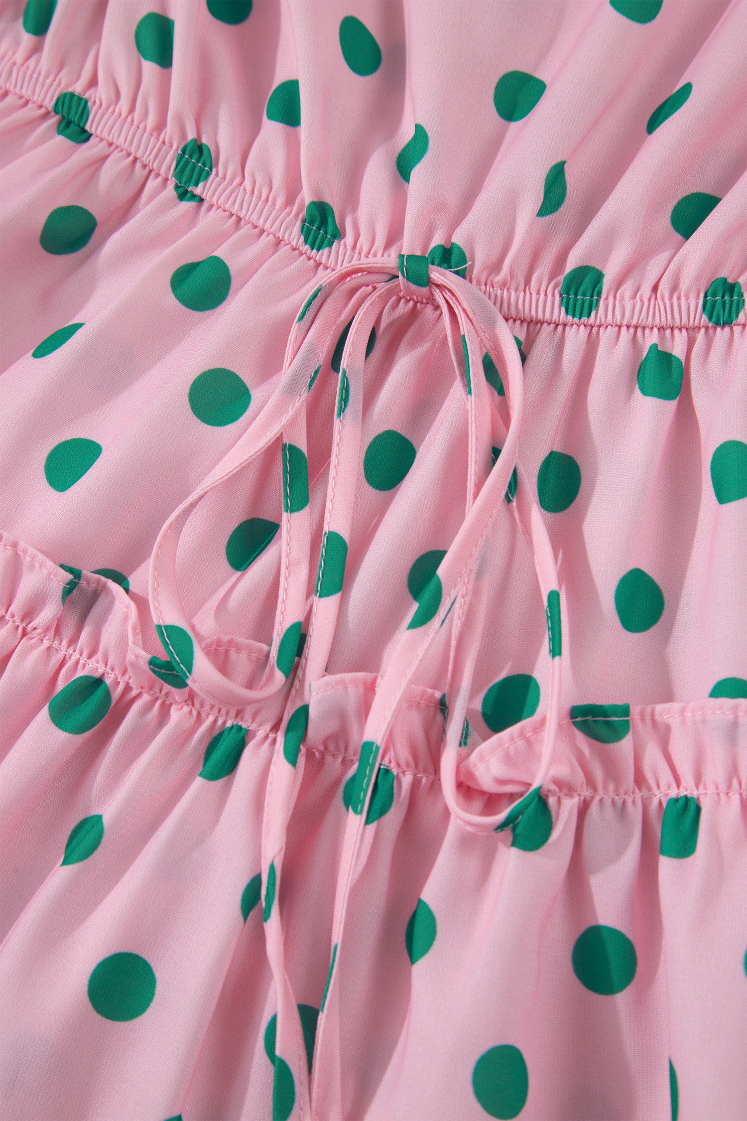 Shop Pink Polka Dot V-Neck Drawstring Tiered Babydoll Blouse at LivelyLooks