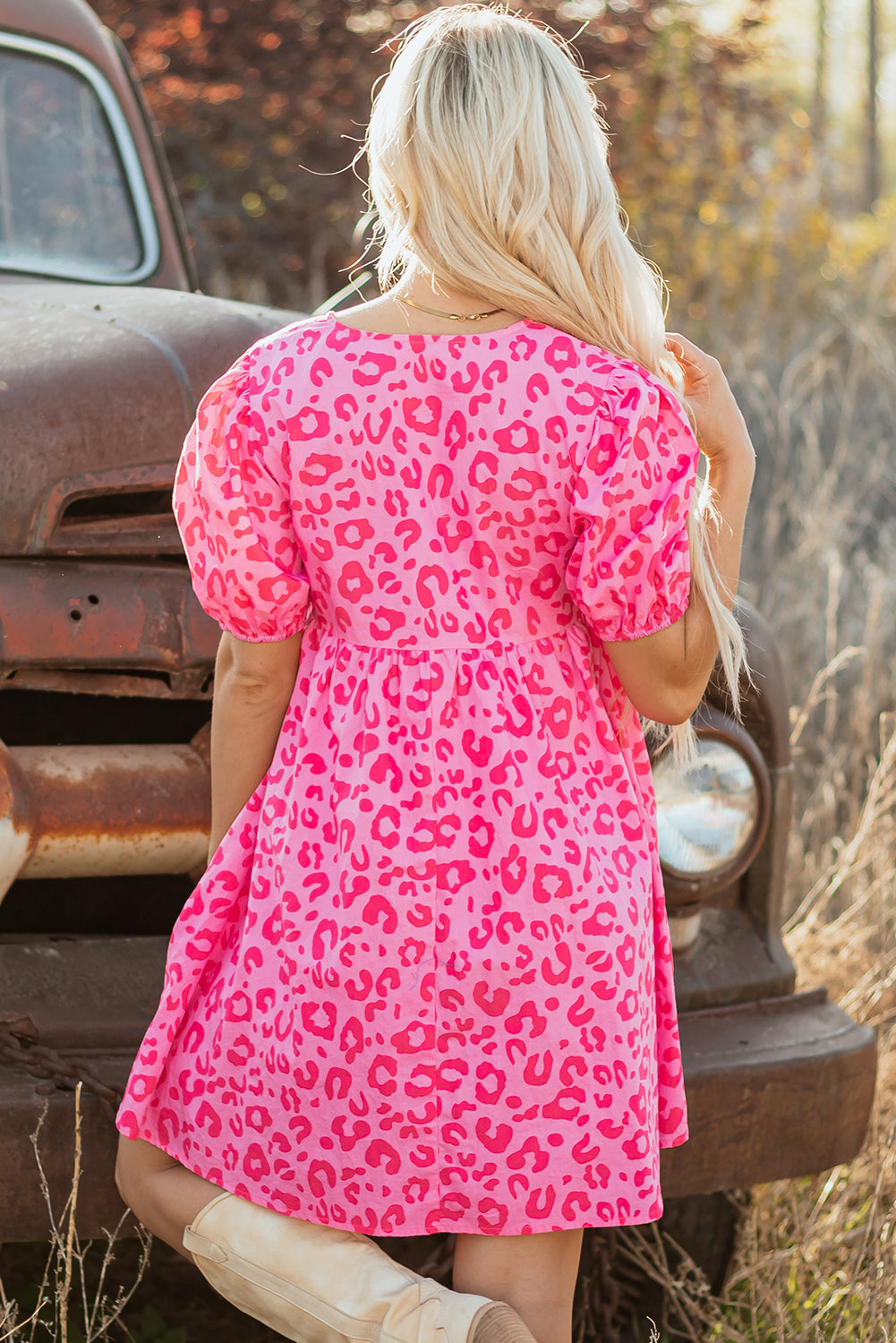 Women's Rose Leopard Puff Sleeve Tie Front High Waist Mini Dress at LivelyLooks