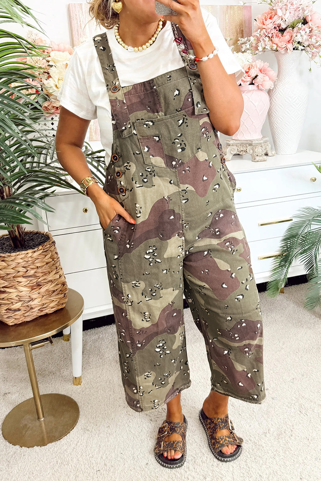 Shop Camo Leopard Denim Overall Cropped Jumpsuit | Green | S-XL at LivelyLooks