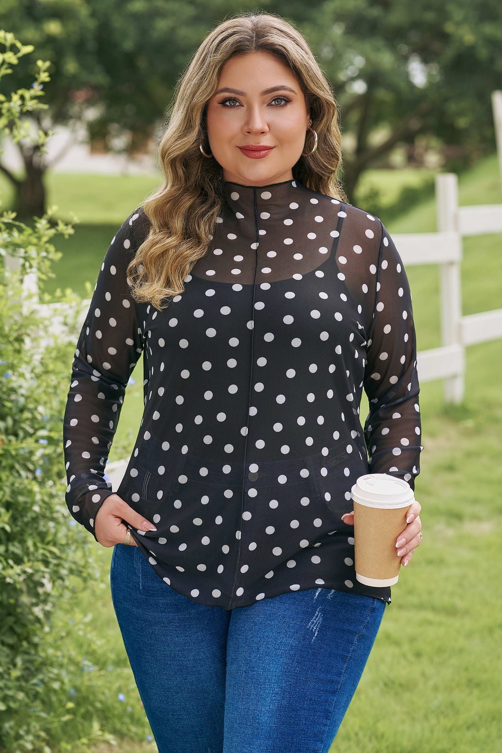 Black Plus Size Polka Dot Mock Neck Long Sleeve Mesh Top