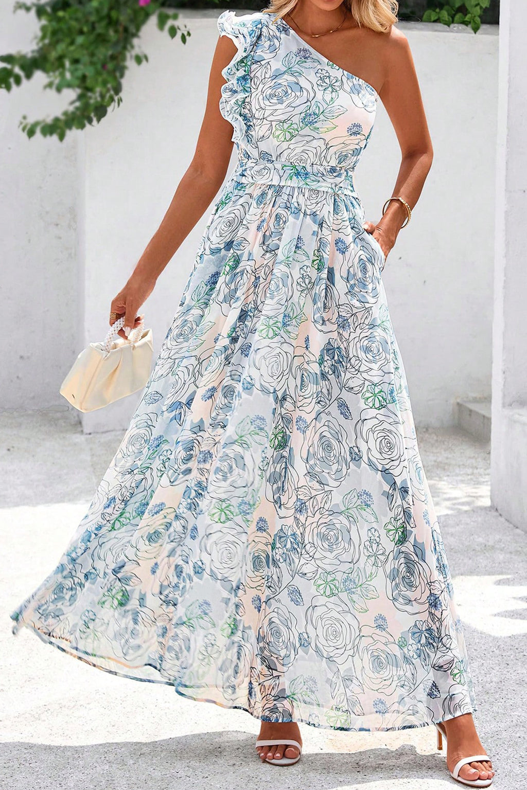 Sky Blue Floral One Shoulder Maxi Dress | Ruffle Sleeveless with Pockets