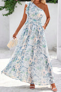 Sky Blue Floral One Shoulder Maxi Dress | Ruffle Sleeveless with Pockets