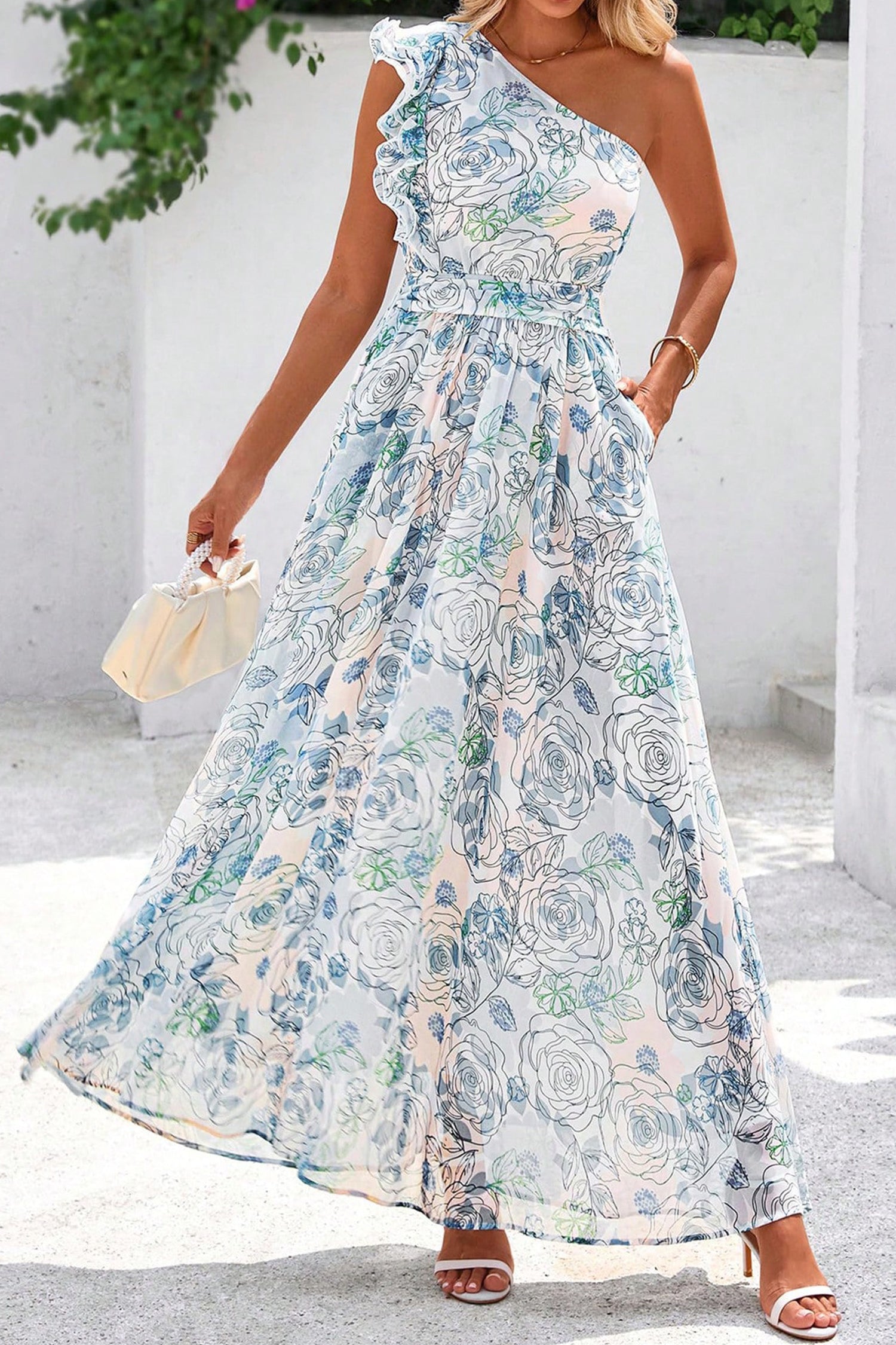 Sky Blue Floral One Shoulder Maxi Dress | Ruffle Sleeveless with Pockets