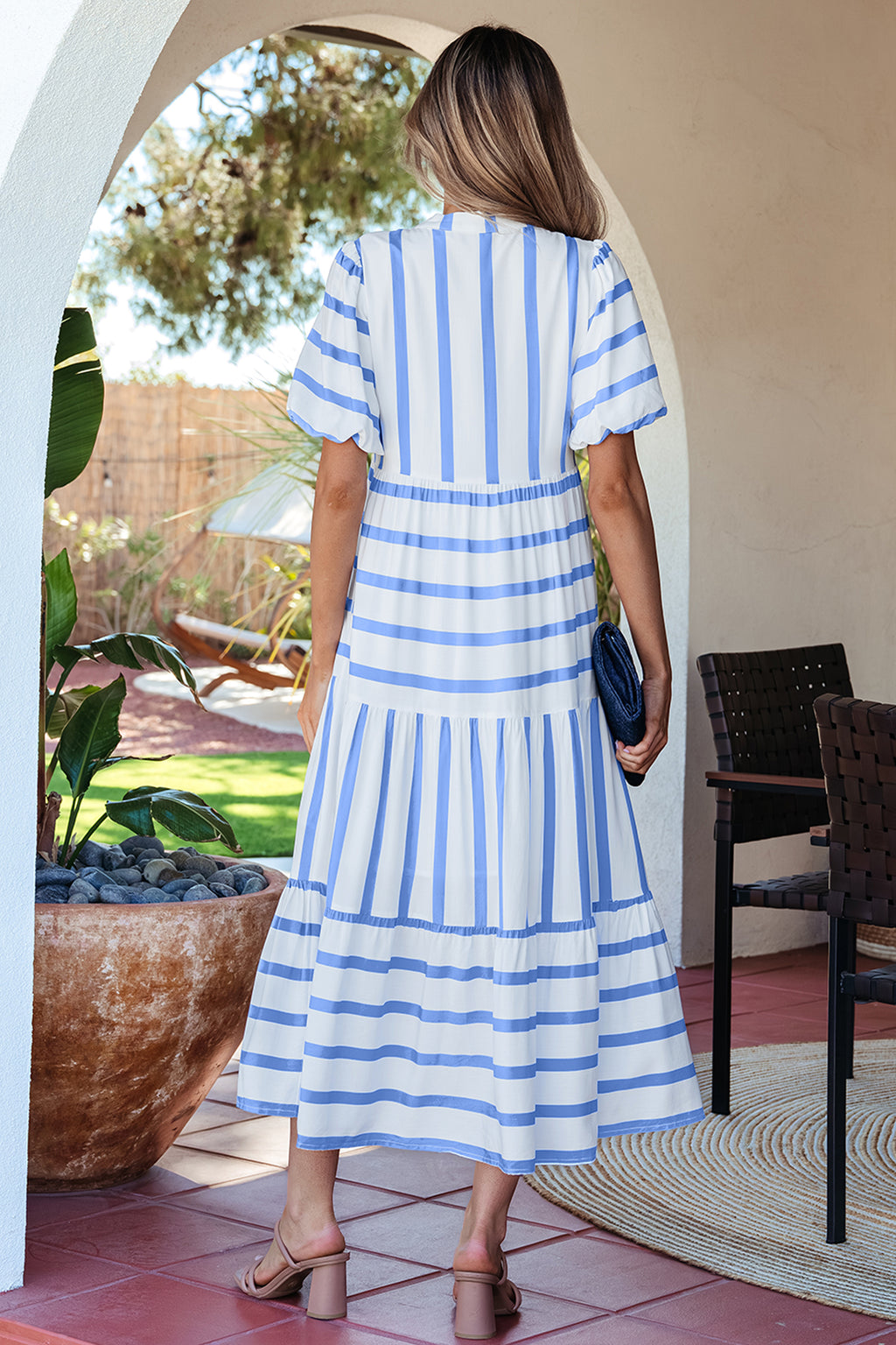 Women's Stripe Ricrac Notch V-Neck Puff Sleeve Midi Dress Green Sky Blue S-XL at LivelyLooks