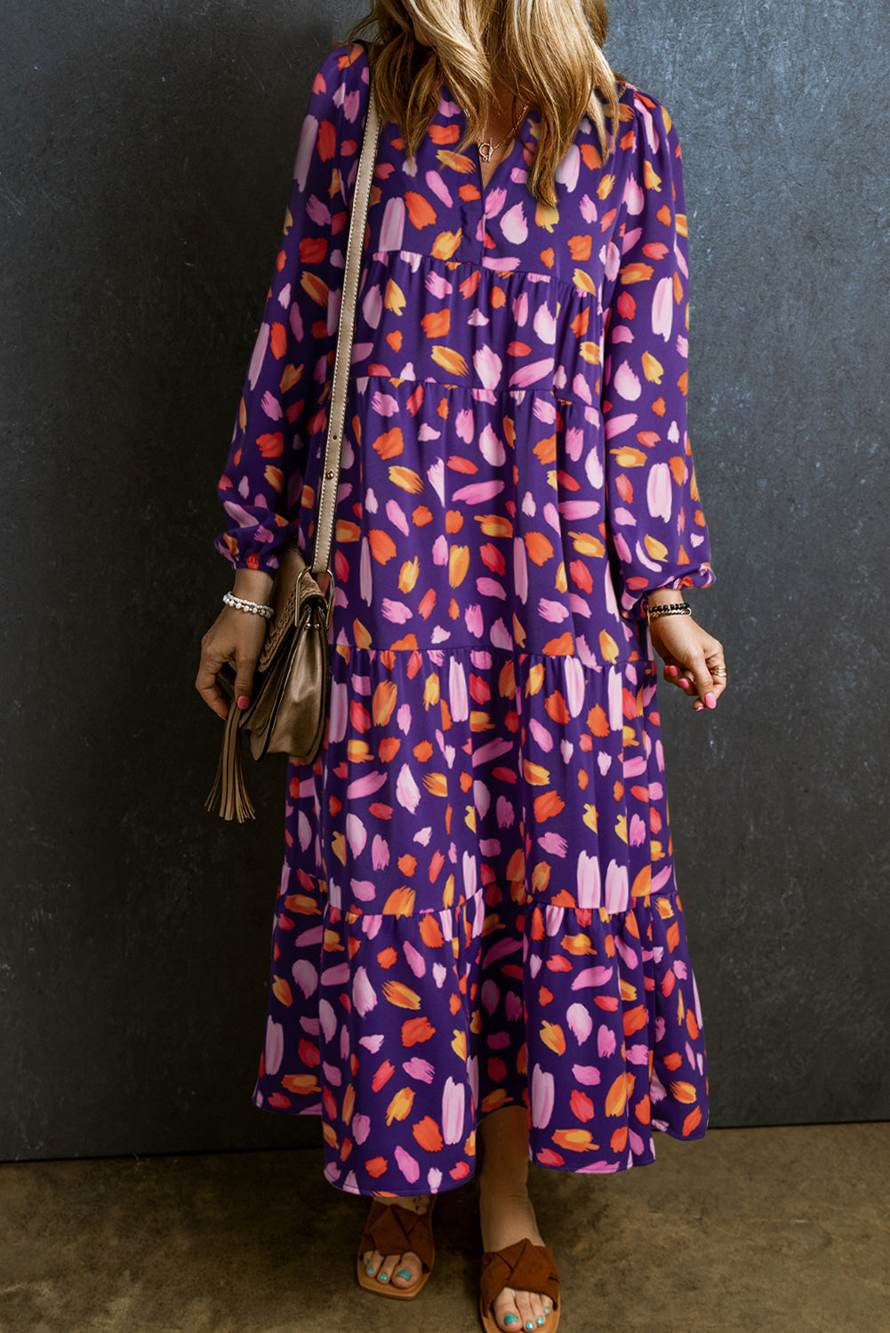 LivelyLooks Floral Collared Tiered Flowy Maxi Dress Purple Blue S-2XL women's fashion