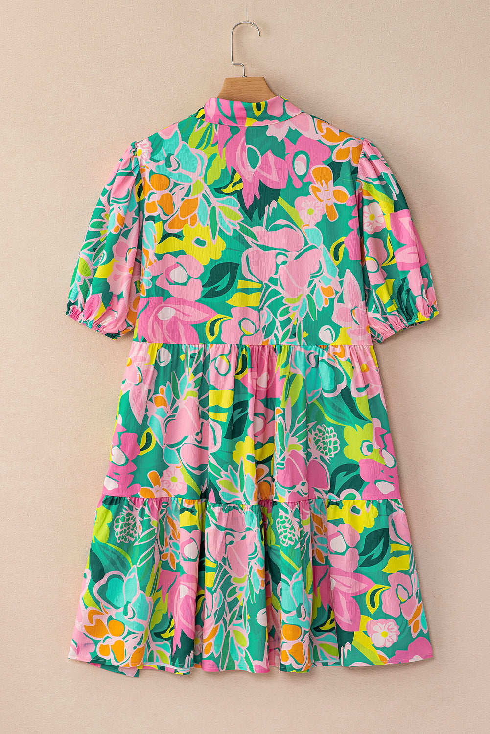 Women's Green Floral Puff Sleeve Collar Buttoned Babydoll Dress Summer Boho Mini Sundress at LivelyLooks